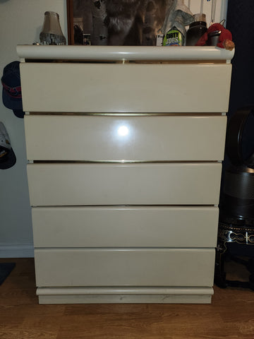 VINTAGE BROYHILL POSTMODERN LACQUERED LAMINATE WATERFALL TALLBOY DRESSER W/FAUX BRASS ACCENT STRIPS