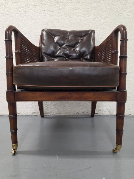 VANGUARD FURNITURE CRAFTWORK PORTOBELLO COGNAC PB WALNUT FAUX BAMBOO DOUBLE CANE PROTECTED ANILINE LEATHER BUTTON TUFTED O/S ACCENT/ LOUNGE/ SHERATON/ REGENGY CHAIR W/OTTOMAN ON BRASS CASTORS 🗣