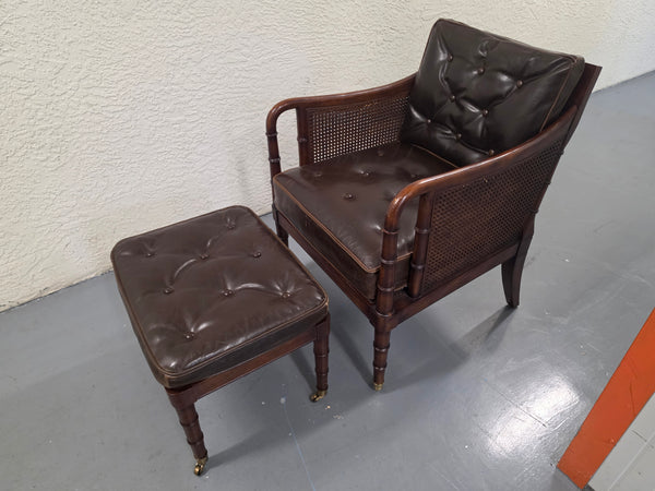 VANGUARD FURNITURE CRAFTWORK PORTOBELLO COGNAC PB WALNUT FAUX BAMBOO DOUBLE CANE PROTECTED ANILINE LEATHER BUTTON TUFTED O/S ACCENT/ LOUNGE/ SHERATON/ REGENGY CHAIR W/OTTOMAN ON BRASS CASTORS 🗣