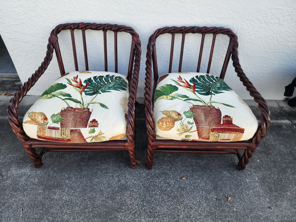 VINTAGE McGUIRE TWISTED/ BRAIDED/ BENT RATTAN ACCENT CHAIRS ~ O/S CHAIRS W/ RAWHIDE LEATHER WRAPS AND DOWN FILLED CUSHIONS/ PILLOWS (2)