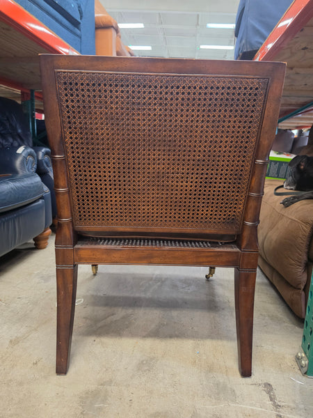 VANGUARD FURNITURE CRAFTWORK PORTOBELLO COGNAC PB WALNUT FAUX BAMBOO DOUBLE CANE PROTECTED ANILINE LEATHER BUTTON TUFTED O/S ACCENT/ LOUNGE/ SHERATON/ REGENGY CHAIR W/OTTOMAN ON BRASS CASTORS 🗣