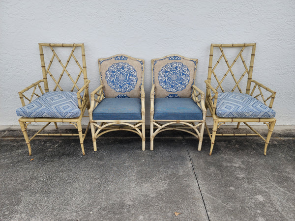 WOODBRIDGE FAUX BAMBOO/ CANE CHIPPENDALE DINING CHAIRS W/DA FRETWORK W/CUSHIONS (6 AVAILABLE)