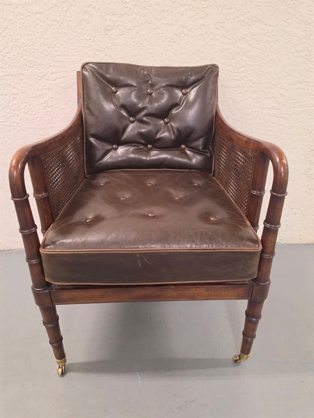 VANGUARD FURNITURE CRAFTWORK PORTOBELLO COGNAC PB WALNUT FAUX BAMBOO DOUBLE CANE PROTECTED ANILINE LEATHER BUTTON TUFTED O/S ACCENT/ LOUNGE/ SHERATON/ REGENGY CHAIR W/OTTOMAN ON BRASS CASTORS 🗣