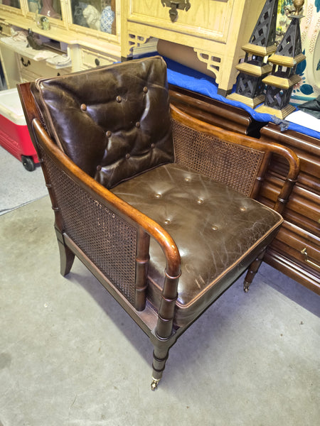 VANGUARD FURNITURE CRAFTWORK PORTOBELLO COGNAC PB WALNUT FAUX BAMBOO DOUBLE CANE PROTECTED ANILINE LEATHER BUTTON TUFTED O/S ACCENT/ LOUNGE/ SHERATON/ REGENGY CHAIR W/OTTOMAN ON BRASS CASTORS 🗣