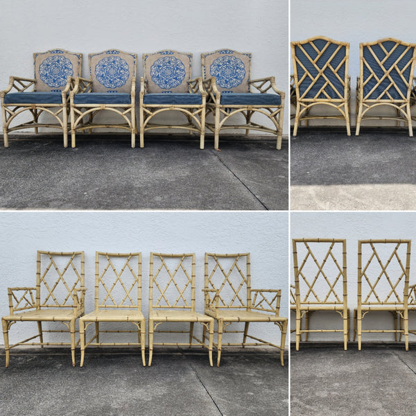 WOODBRIDGE FAUX BAMBOO/ CANE CHIPPENDALE DINING CHAIRS W/DA FRETWORK W/CUSHIONS (6 AVAILABLE)