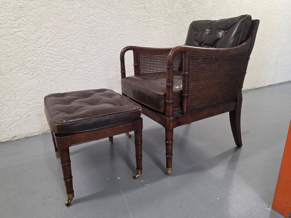 VANGUARD FURNITURE CRAFTWORK PORTOBELLO COGNAC PB WALNUT FAUX BAMBOO DOUBLE CANE PROTECTED ANILINE LEATHER BUTTON TUFTED O/S ACCENT/ LOUNGE/ SHERATON/ REGENGY CHAIR W/OTTOMAN ON BRASS CASTORS 🗣