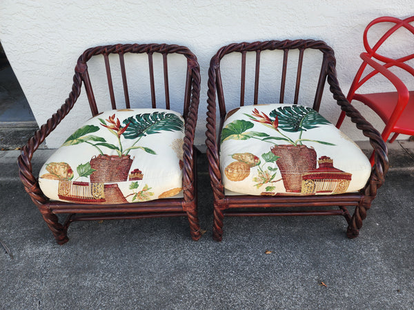 VINTAGE McGUIRE TWISTED/ BRAIDED/ BENT RATTAN ACCENT CHAIRS ~ O/S CHAIRS W/ RAWHIDE LEATHER WRAPS AND DOWN FILLED CUSHIONS/ PILLOWS (2)