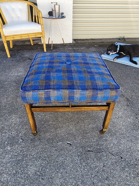 VINTAGE MID CENTURY MODERN WALNUT/ BRASS/ UPHOLSTERED STOOL/ OTTOMAN/ BENCH ON CASTORS