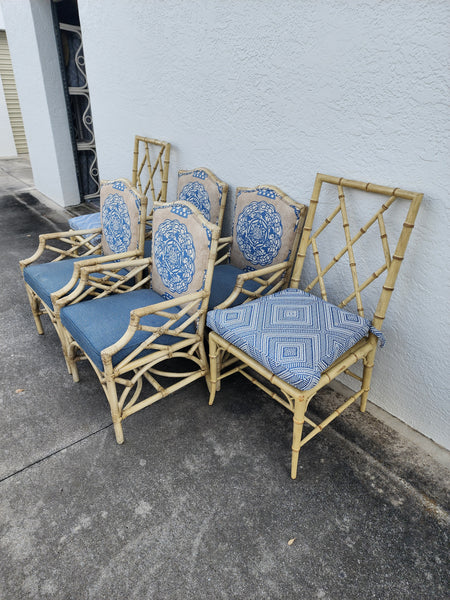 WOODBRIDGE FAUX BAMBOO/ CANE CHIPPENDALE DINING CHAIRS W/DA FRETWORK W/CUSHIONS (6 AVAILABLE)