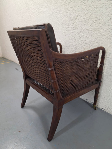 VANGUARD FURNITURE CRAFTWORK PORTOBELLO COGNAC PB WALNUT FAUX BAMBOO DOUBLE CANE PROTECTED ANILINE LEATHER BUTTON TUFTED O/S ACCENT/ LOUNGE/ SHERATON/ REGENGY CHAIR W/OTTOMAN ON BRASS CASTORS 🗣