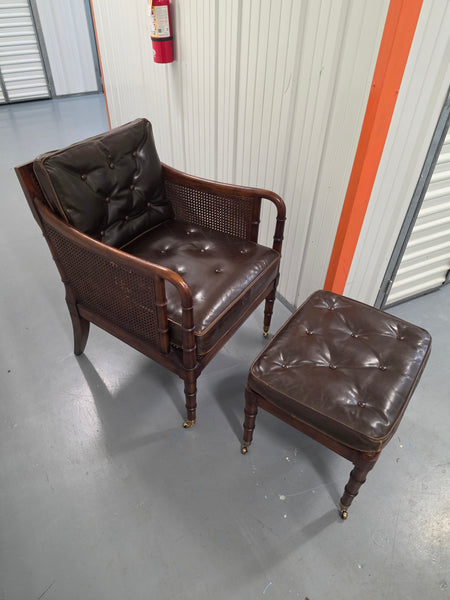 VANGUARD FURNITURE CRAFTWORK PORTOBELLO COGNAC PB WALNUT FAUX BAMBOO DOUBLE CANE PROTECTED ANILINE LEATHER BUTTON TUFTED O/S ACCENT/ LOUNGE/ SHERATON/ REGENGY CHAIR W/OTTOMAN ON BRASS CASTORS 🗣