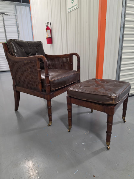 VANGUARD FURNITURE CRAFTWORK PORTOBELLO COGNAC PB WALNUT FAUX BAMBOO DOUBLE CANE PROTECTED ANILINE LEATHER BUTTON TUFTED O/S ACCENT/ LOUNGE/ SHERATON/ REGENGY CHAIR W/OTTOMAN ON BRASS CASTORS 🗣