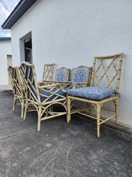 WOODBRIDGE FAUX BAMBOO/ CANE CHIPPENDALE DINING CHAIRS W/DA FRETWORK W/CUSHIONS (6 AVAILABLE)