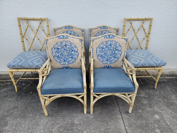 WOODBRIDGE FAUX BAMBOO/ CANE CHIPPENDALE DINING CHAIRS W/DA FRETWORK W/CUSHIONS (6 AVAILABLE)