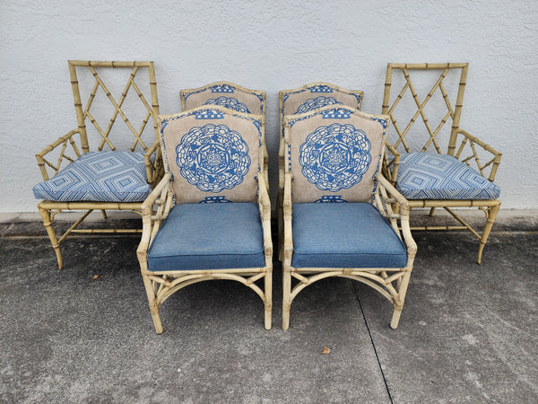 WOODBRIDGE FAUX BAMBOO/ CANE CHIPPENDALE DINING CHAIRS W/DA FRETWORK W/CUSHIONS (6 AVAILABLE)