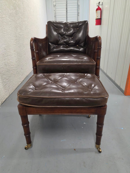 VANGUARD FURNITURE CRAFTWORK PORTOBELLO COGNAC PB WALNUT FAUX BAMBOO DOUBLE CANE PROTECTED ANILINE LEATHER BUTTON TUFTED O/S ACCENT/ LOUNGE/ SHERATON/ REGENGY CHAIR W/OTTOMAN ON BRASS CASTORS 🗣