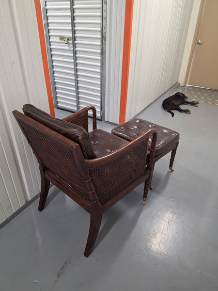 VANGUARD FURNITURE CRAFTWORK PORTOBELLO COGNAC PB WALNUT FAUX BAMBOO DOUBLE CANE PROTECTED ANILINE LEATHER BUTTON TUFTED O/S ACCENT/ LOUNGE/ SHERATON/ REGENGY CHAIR W/OTTOMAN ON BRASS CASTORS 🗣