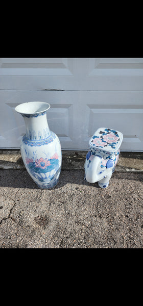 VINTAGE BLUE💙 n WHITE🤍 n PINK🩷 CERAMIC ELEPHANT🐘 trunx up PLANT STAND/ ACCENT TABLE ~ MISC