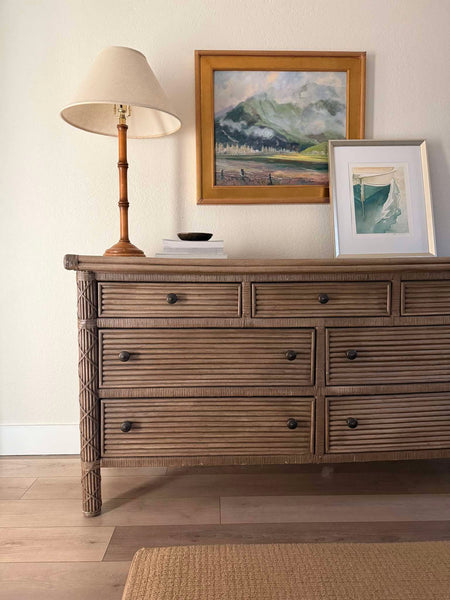 VINTAGE WHITECRAFT RATTAN DOUBLE DRESSER W/LEATHER WRAPS