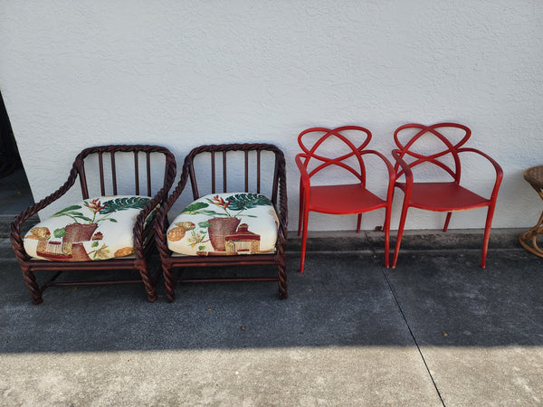 VINTAGE McGUIRE TWISTED/ BRAIDED/ BENT RATTAN ACCENT CHAIRS ~ O/S CHAIRS W/ RAWHIDE LEATHER WRAPS AND DOWN FILLED CUSHIONS/ PILLOWS (2)