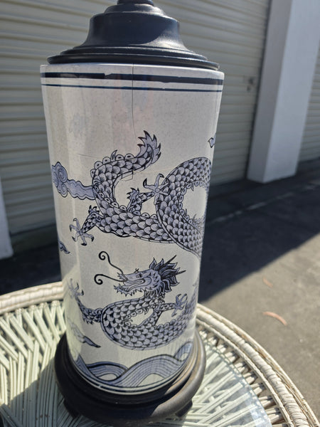 VINTAGE BLUE & WHITE CERAMIC CHINOISERIE DRAGON LAMPS (2)