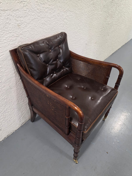 VANGUARD FURNITURE CRAFTWORK PORTOBELLO COGNAC PB WALNUT FAUX BAMBOO DOUBLE CANE PROTECTED ANILINE LEATHER BUTTON TUFTED O/S ACCENT/ LOUNGE/ SHERATON/ REGENGY CHAIR W/OTTOMAN ON BRASS CASTORS 🗣