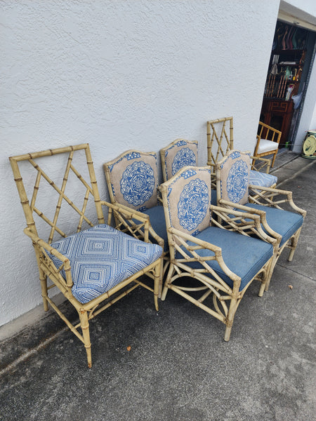 WOODBRIDGE FAUX BAMBOO/ CANE CHIPPENDALE DINING CHAIRS W/DA FRETWORK W/CUSHIONS (6 AVAILABLE)