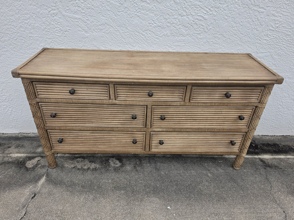 VINTAGE WHITECRAFT RATTAN DOUBLE DRESSER W/LEATHER WRAPS