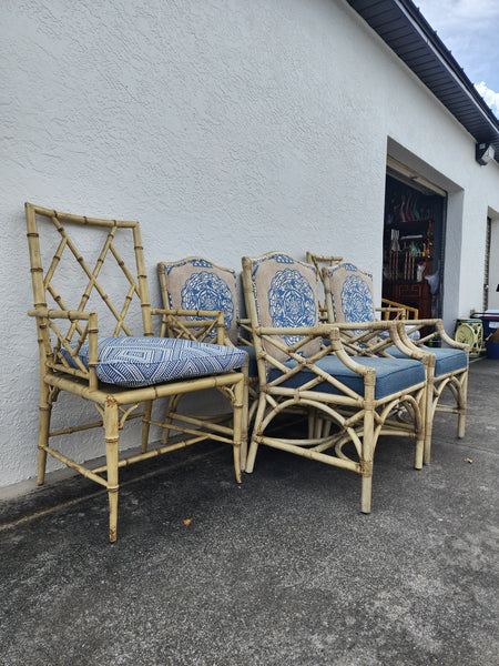 WOODBRIDGE FAUX BAMBOO/ CANE CHIPPENDALE DINING CHAIRS W/DA FRETWORK W/CUSHIONS (6 AVAILABLE)