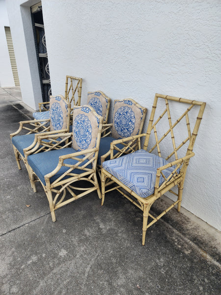 WOODBRIDGE FAUX BAMBOO/ CANE CHIPPENDALE DINING CHAIRS W/DA FRETWORK W/CUSHIONS (6 AVAILABLE)