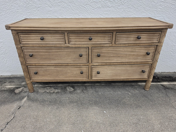VINTAGE WHITECRAFT RATTAN DOUBLE DRESSER W/LEATHER WRAPS