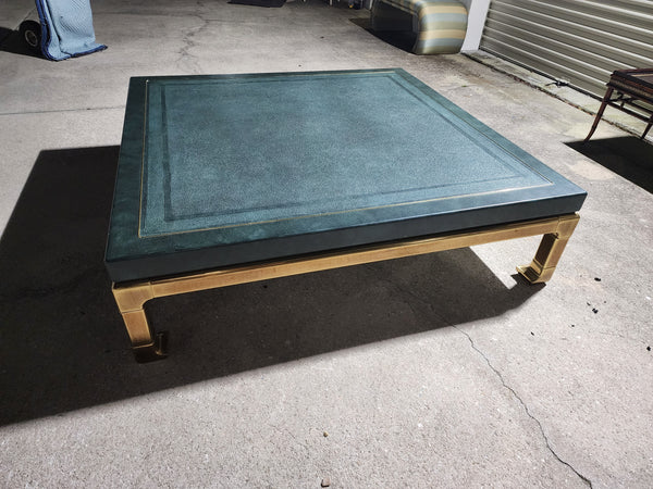 VINTAGE MASTERCRAFT HUGEMONGOUS! 😳 SQUARE MING COFFEE TABLE WITH WOOD FAUX LEATHER  BRASS INLAY TOP AND BRASS BASE 💚💛