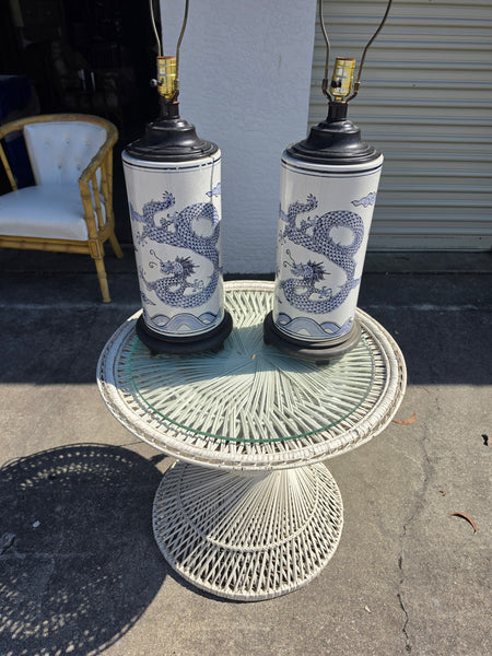 VINTAGE BLUE & WHITE CERAMIC CHINOISERIE DRAGON LAMPS (2)