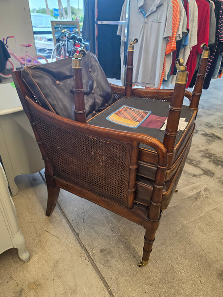 VANGUARD FURNITURE CRAFTWORK PORTOBELLO COGNAC PB WALNUT FAUX BAMBOO DOUBLE CANE PROTECTED ANILINE LEATHER BUTTON TUFTED O/S ACCENT/ LOUNGE/ SHERATON/ REGENGY CHAIR W/OTTOMAN ON BRASS CASTORS 🗣