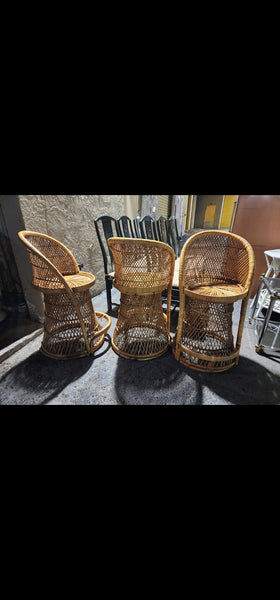 VINTAGE WICKER RATTAN BAMBOO 🎋 BOHO EMMANUELLE  SUNBURST COUNTER BARSTOOLS (3)