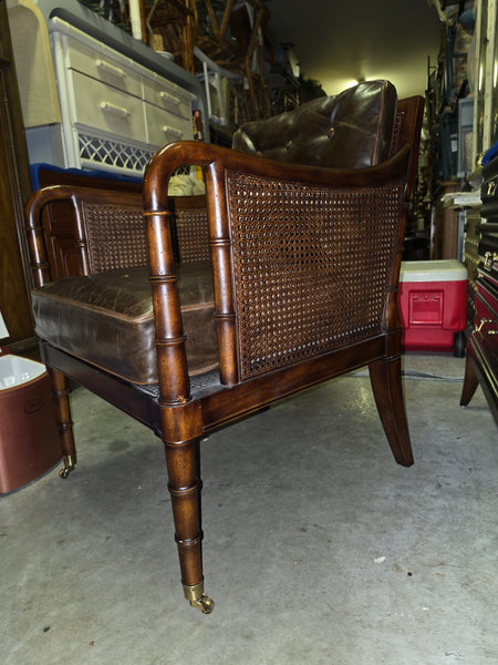 VANGUARD FURNITURE CRAFTWORK PORTOBELLO COGNAC PB WALNUT FAUX BAMBOO DOUBLE CANE PROTECTED ANILINE LEATHER BUTTON TUFTED O/S ACCENT/ LOUNGE/ SHERATON/ REGENGY CHAIR W/OTTOMAN ON BRASS CASTORS 🗣