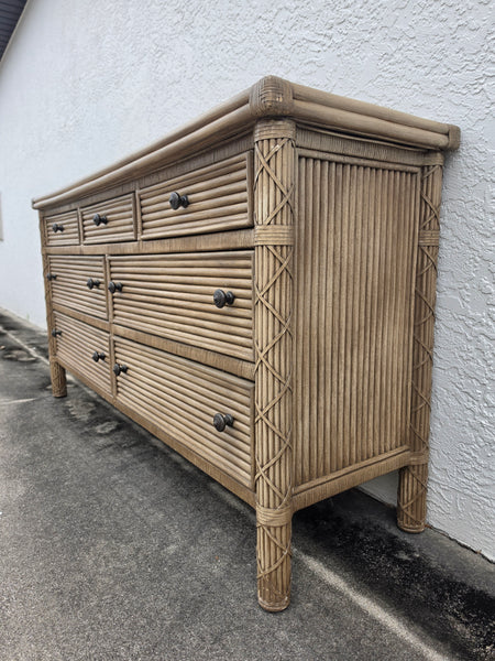 VINTAGE WHITECRAFT RATTAN DOUBLE DRESSER W/LEATHER WRAPS
