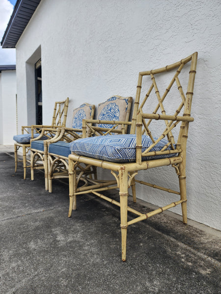 WOODBRIDGE FAUX BAMBOO/ CANE CHIPPENDALE DINING CHAIRS W/DA FRETWORK W/CUSHIONS (6 AVAILABLE)