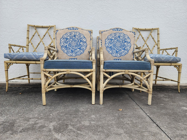 WOODBRIDGE FAUX BAMBOO/ CANE CHIPPENDALE DINING CHAIRS W/DA FRETWORK W/CUSHIONS (6 AVAILABLE)