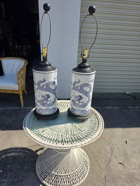 VINTAGE BLUE & WHITE CERAMIC CHINOISERIE DRAGON LAMPS (2)