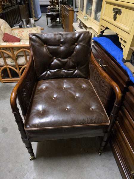 VANGUARD FURNITURE CRAFTWORK PORTOBELLO COGNAC PB WALNUT FAUX BAMBOO DOUBLE CANE PROTECTED ANILINE LEATHER BUTTON TUFTED O/S ACCENT/ LOUNGE/ SHERATON/ REGENGY CHAIR W/OTTOMAN ON BRASS CASTORS 🗣