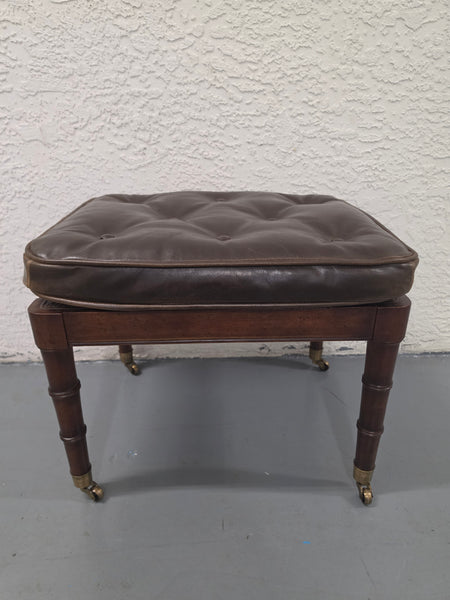 VANGUARD FURNITURE CRAFTWORK PORTOBELLO COGNAC PB WALNUT FAUX BAMBOO DOUBLE CANE PROTECTED ANILINE LEATHER BUTTON TUFTED O/S ACCENT/ LOUNGE/ SHERATON/ REGENGY CHAIR W/OTTOMAN ON BRASS CASTORS 🗣