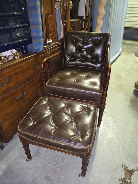 VANGUARD FURNITURE CRAFTWORK PORTOBELLO COGNAC PB WALNUT FAUX BAMBOO DOUBLE CANE PROTECTED ANILINE LEATHER BUTTON TUFTED O/S ACCENT/ LOUNGE/ SHERATON/ REGENGY CHAIR W/OTTOMAN ON BRASS CASTORS 🗣