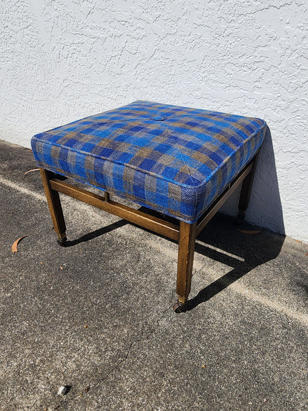 VINTAGE MID CENTURY MODERN WALNUT/ BRASS/ UPHOLSTERED STOOL/ OTTOMAN/ BENCH ON CASTORS