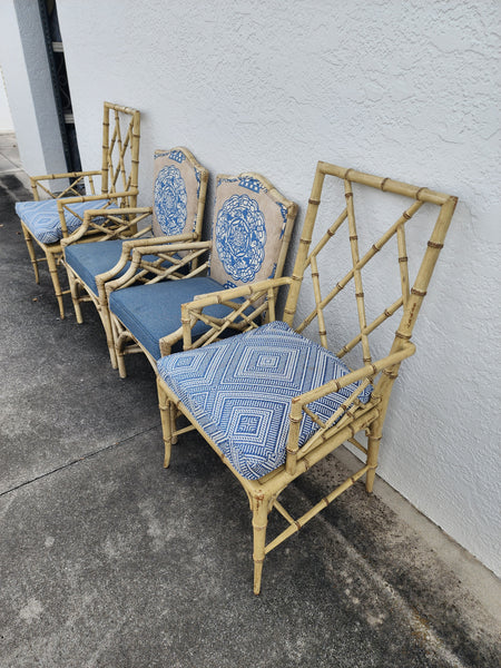 WOODBRIDGE FAUX BAMBOO/ CANE CHIPPENDALE DINING CHAIRS W/DA FRETWORK W/CUSHIONS (6 AVAILABLE)