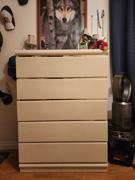 VINTAGE BROYHILL POSTMODERN LACQUERED LAMINATE WATERFALL TALLBOY DRESSER W/FAUX BRASS ACCENT STRIPS