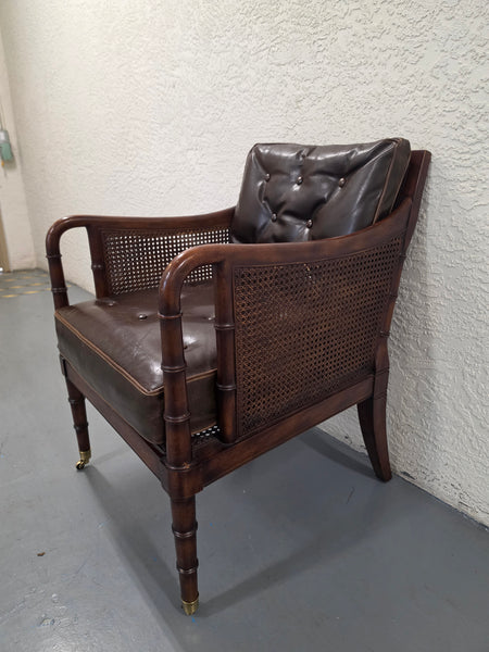 VANGUARD FURNITURE CRAFTWORK PORTOBELLO COGNAC PB WALNUT FAUX BAMBOO DOUBLE CANE PROTECTED ANILINE LEATHER BUTTON TUFTED O/S ACCENT/ LOUNGE/ SHERATON/ REGENGY CHAIR W/OTTOMAN ON BRASS CASTORS 🗣
