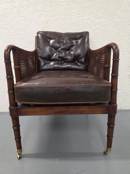 VANGUARD FURNITURE CRAFTWORK PORTOBELLO COGNAC PB WALNUT FAUX BAMBOO DOUBLE CANE PROTECTED ANILINE LEATHER BUTTON TUFTED O/S ACCENT/ LOUNGE/ SHERATON/ REGENGY CHAIR W/OTTOMAN ON BRASS CASTORS 🗣