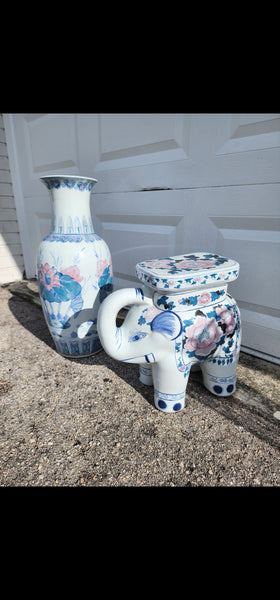 VINTAGE BLUE💙 n WHITE🤍 n PINK🩷 CERAMIC ELEPHANT🐘 trunx up PLANT STAND/ ACCENT TABLE ~ MISC