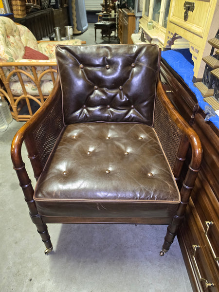 VANGUARD FURNITURE CRAFTWORK PORTOBELLO COGNAC PB WALNUT FAUX BAMBOO DOUBLE CANE PROTECTED ANILINE LEATHER BUTTON TUFTED O/S ACCENT/ LOUNGE/ SHERATON/ REGENGY CHAIR W/OTTOMAN ON BRASS CASTORS 🗣